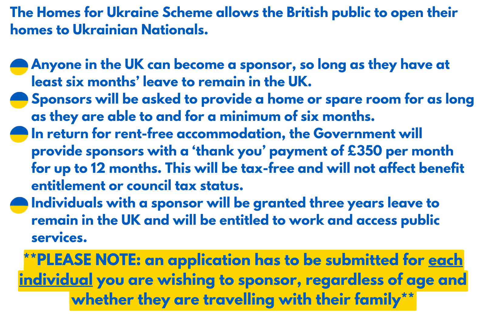 The Homes for Ukraine Scheme allows the British public to open their homes to Ukrainian Nationals.   Anyone in the UK can become a sponsor, so long as they have at least six months’ leave to remain in the UK. Sponsors will be asked to provide a home or spare room for as long as they are able to and for a minimum of six months.  In return for rent-free accommodation, the Government will provide sponsors with a ‘thank you’ payment of £350 per month for up to 12 months. This will be tax-free and will not affect benefit entitlement or council tax status. Individuals with a sponsor will be granted three years leave to remain in the UK and will be entitled to work and access public services.**PLEASE NOTE: an application has to be submitted for each individual you are wishing to sponsor, regardless of age and whether they are travelling with their family**
