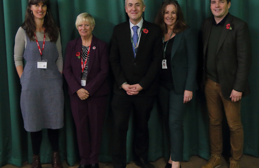 Huw with Headteacher, Caroline Barlow, Head of Politics, Richard Carter and councillors Rachel Millward and Christine Bayliss