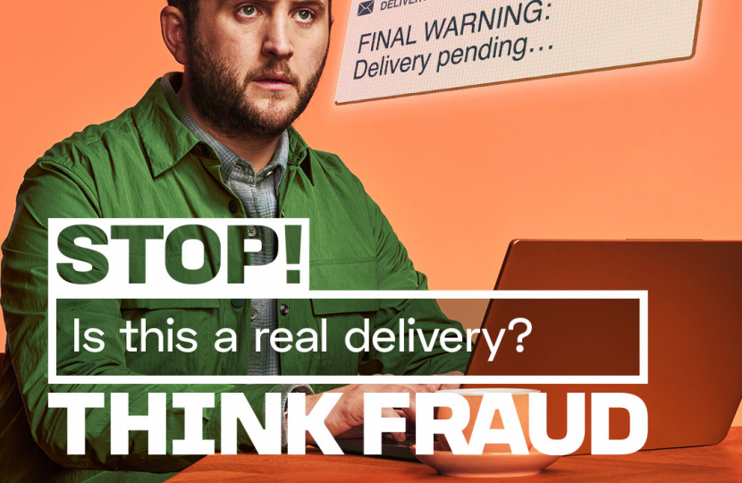 Stop Fraud Graphic man questioning parcel delivery text - is it a scam?