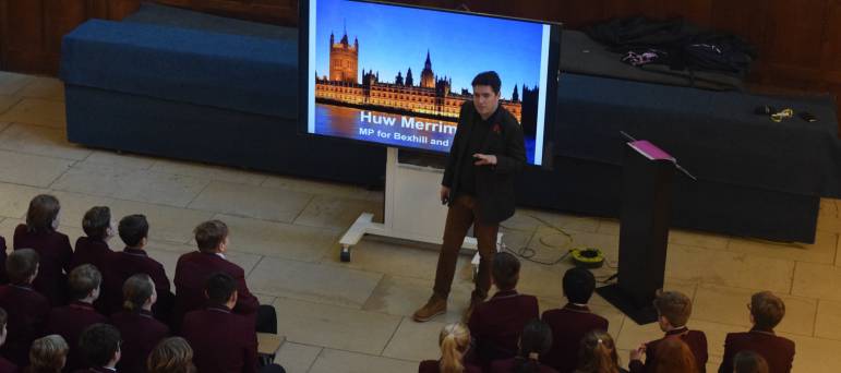 Photo of Huw at Battle Abbey School assembly
