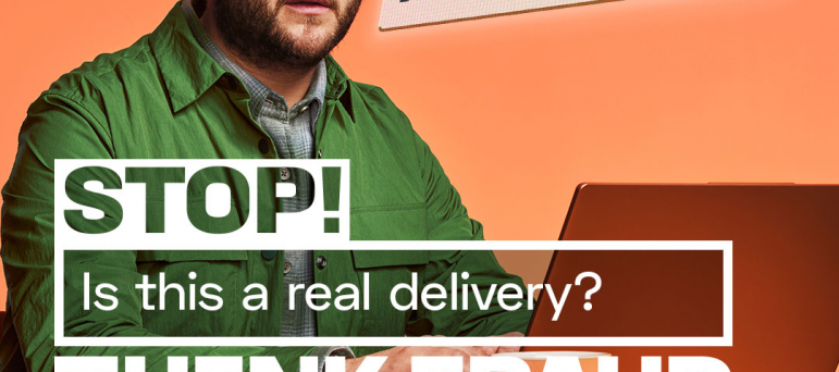 Stop Fraud Graphic man questioning parcel delivery text - is it a scam?