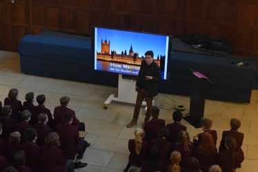 Photo of Huw at Battle Abbey School assembly